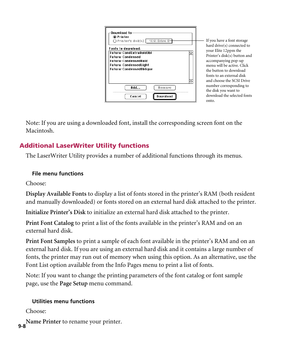 Additional laserwriter utiility functions, Additional laserwriter utility functions | GCC Printers Elite 12ppm User Manual | Page 108 / 193