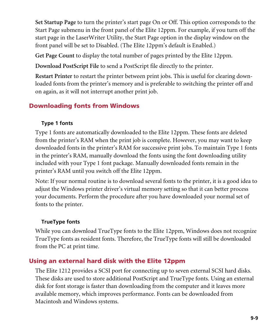 Downloading fonts from windows, Type 1 fonts, Truetype fonts | Using an external hard disk with the elite 12ppm | GCC Printers Elite 12ppm User Manual | Page 109 / 193