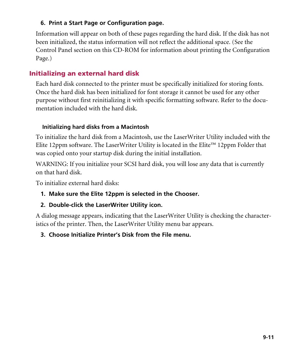 Initializing an external hard disk, Initializing hard disks from a macintosh | GCC Printers Elite 12ppm User Manual | Page 111 / 193