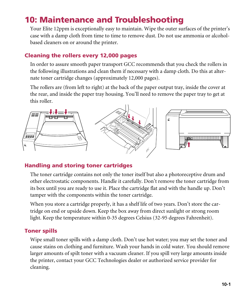 Maintenance and troubleshooting, Handling and storing toner cartridges, Toner spills | GCC Printers Elite 12ppm User Manual | Page 114 / 193