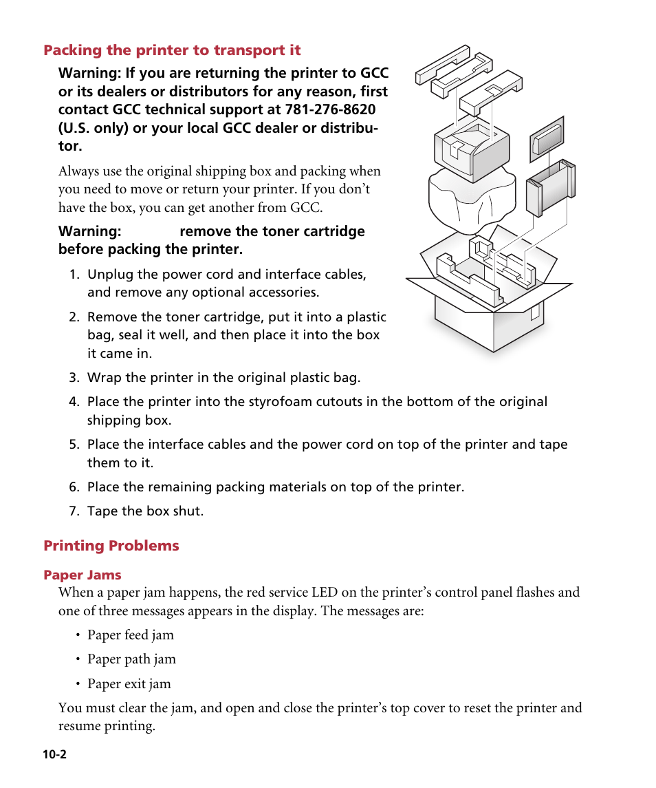 Packing the printer to transport it, Printing problems, Paper jams | GCC Printers Elite 12ppm User Manual | Page 115 / 193