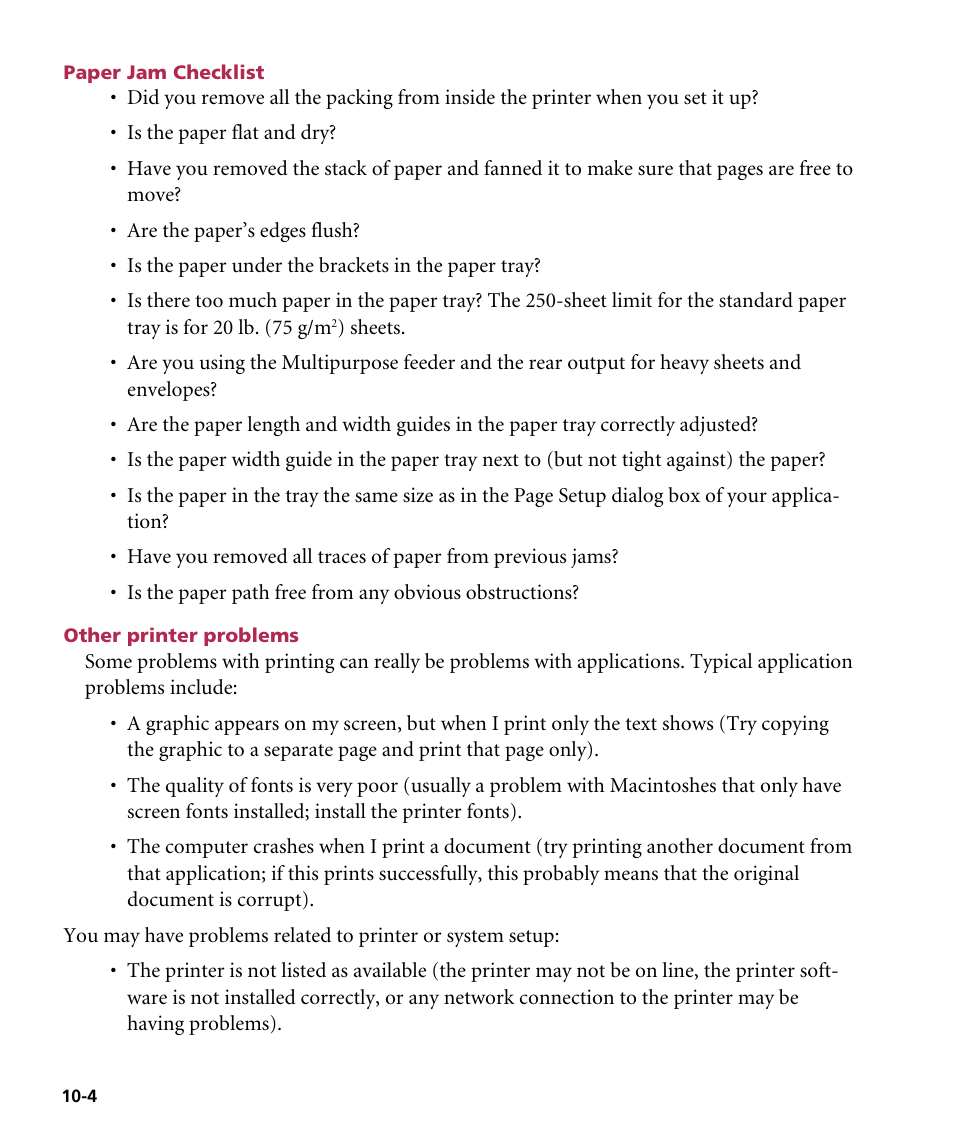 Paper jam checklist, Other printer problems | GCC Printers Elite 12ppm User Manual | Page 117 / 193