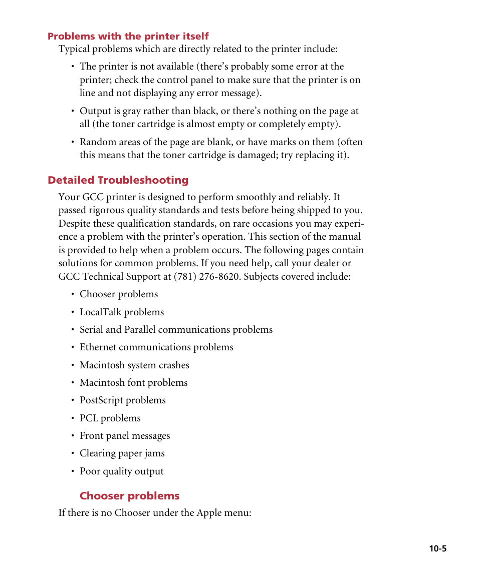 Problems with the printer itself, Detailed troubleshooting, Chooser problems | GCC Printers Elite 12ppm User Manual | Page 118 / 193