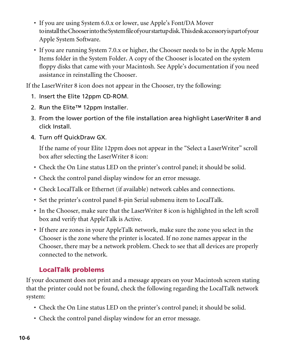 Localtalk problems | GCC Printers Elite 12ppm User Manual | Page 119 / 193