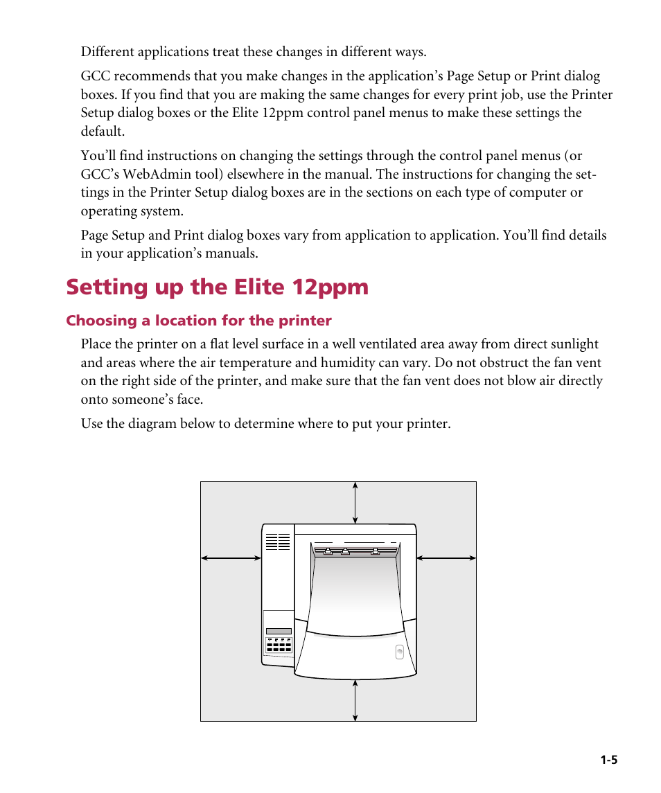 Setting up the elite 12ppm, Choosing a location for the printer | GCC Printers Elite 12ppm User Manual | Page 12 / 193