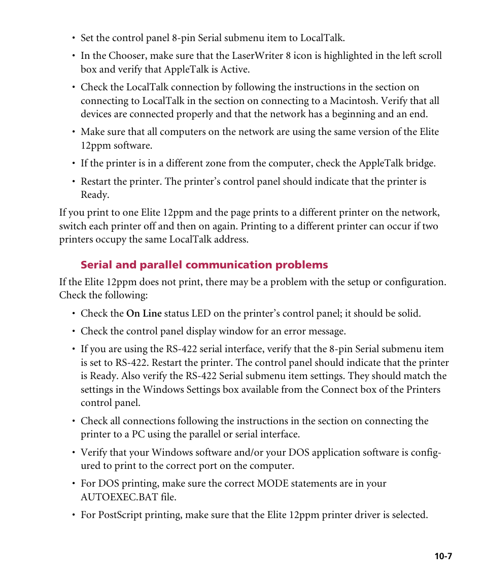 Serial and parallel communication problems | GCC Printers Elite 12ppm User Manual | Page 120 / 193