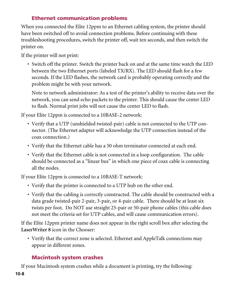 Ethernet communication problems, Macintosh system crashes | GCC Printers Elite 12ppm User Manual | Page 121 / 193