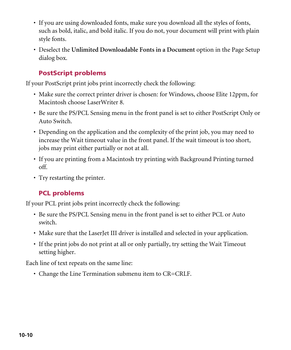 Postscript problems, Pcl problems | GCC Printers Elite 12ppm User Manual | Page 123 / 193