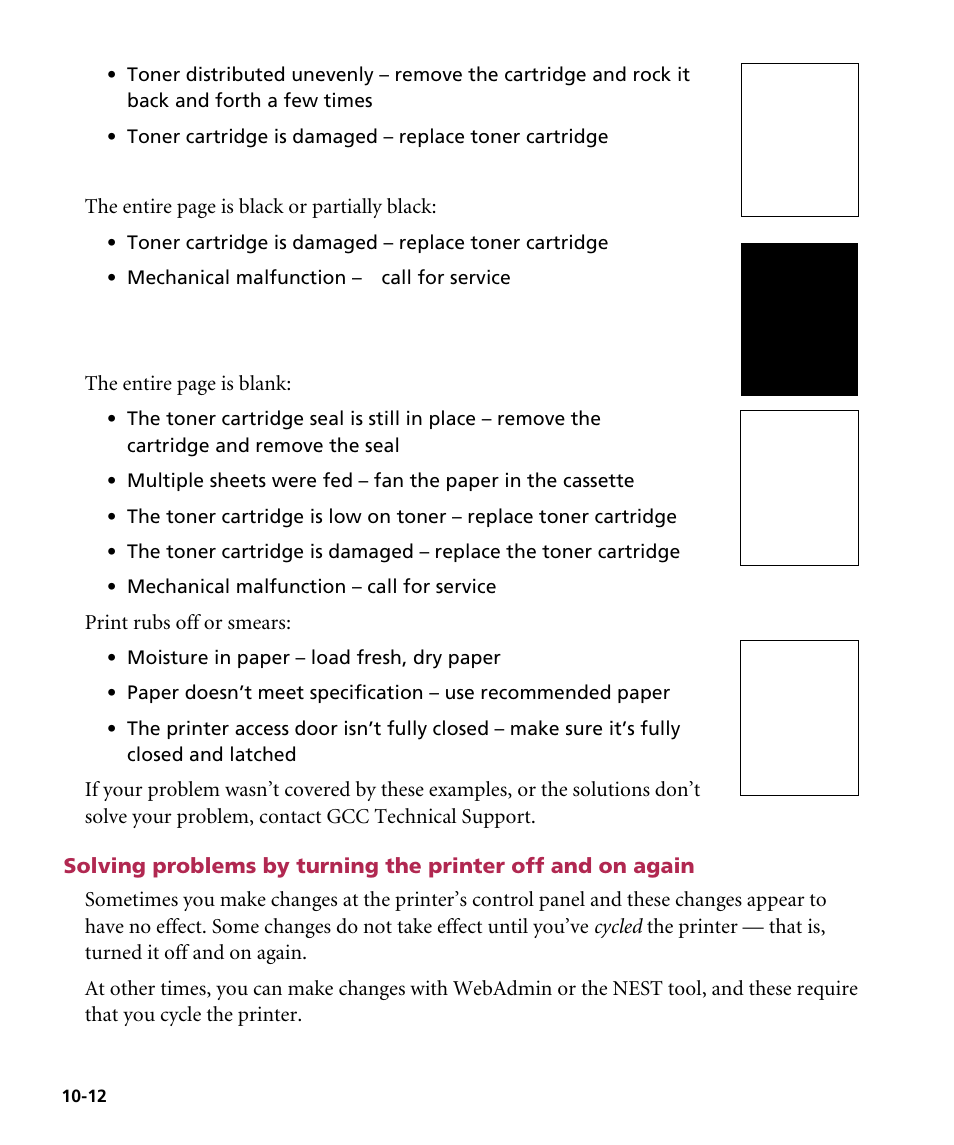 The entire page is black or partially black, The entire page is blank, Print rubs off or smears | GCC Printers Elite 12ppm User Manual | Page 125 / 193