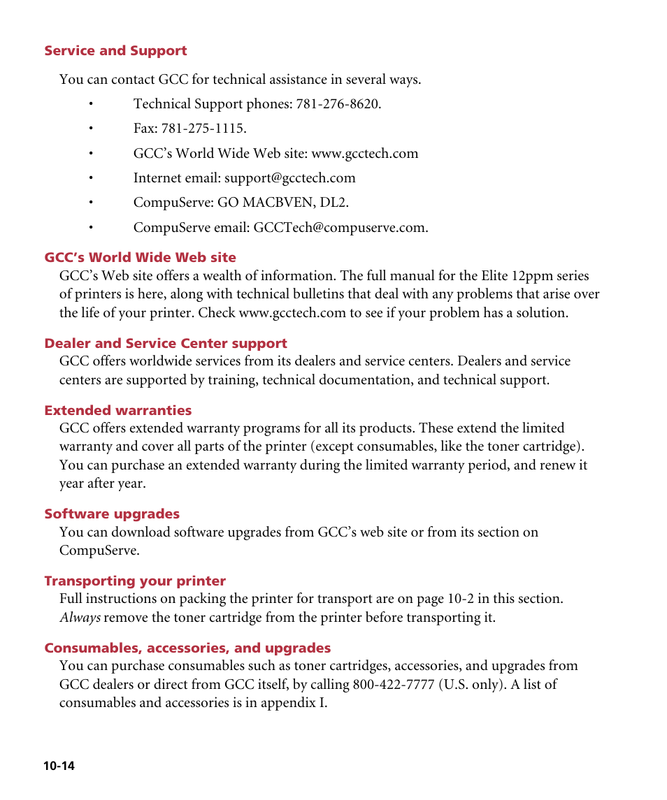 Service and support, Gcc's world wide web site, Dealer and service center support | Extended warranties, Software upgrades, Transporting your printer, Consumables, accessories, and upgrades, Gcc’s world wide web site | GCC Printers Elite 12ppm User Manual | Page 127 / 193