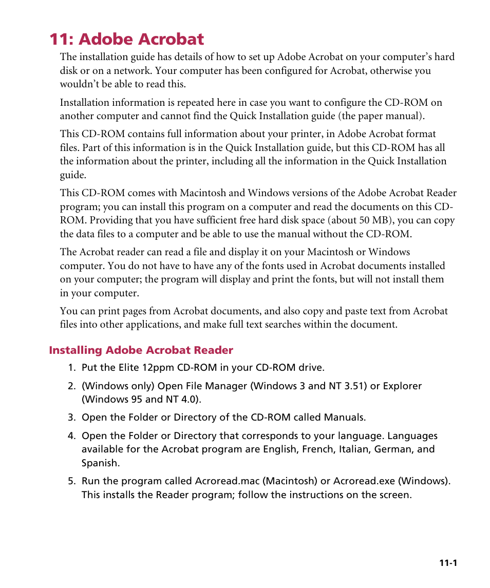 Adobe acrobat, Installing adobe acrobat reader | GCC Printers Elite 12ppm User Manual | Page 128 / 193