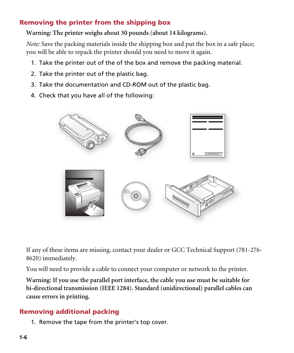 Removing the printer from the shipping box, Removing additional packing, Removing packing | Remove the tape from the printer’s top cover, Elite | GCC Printers Elite 12ppm User Manual | Page 13 / 193