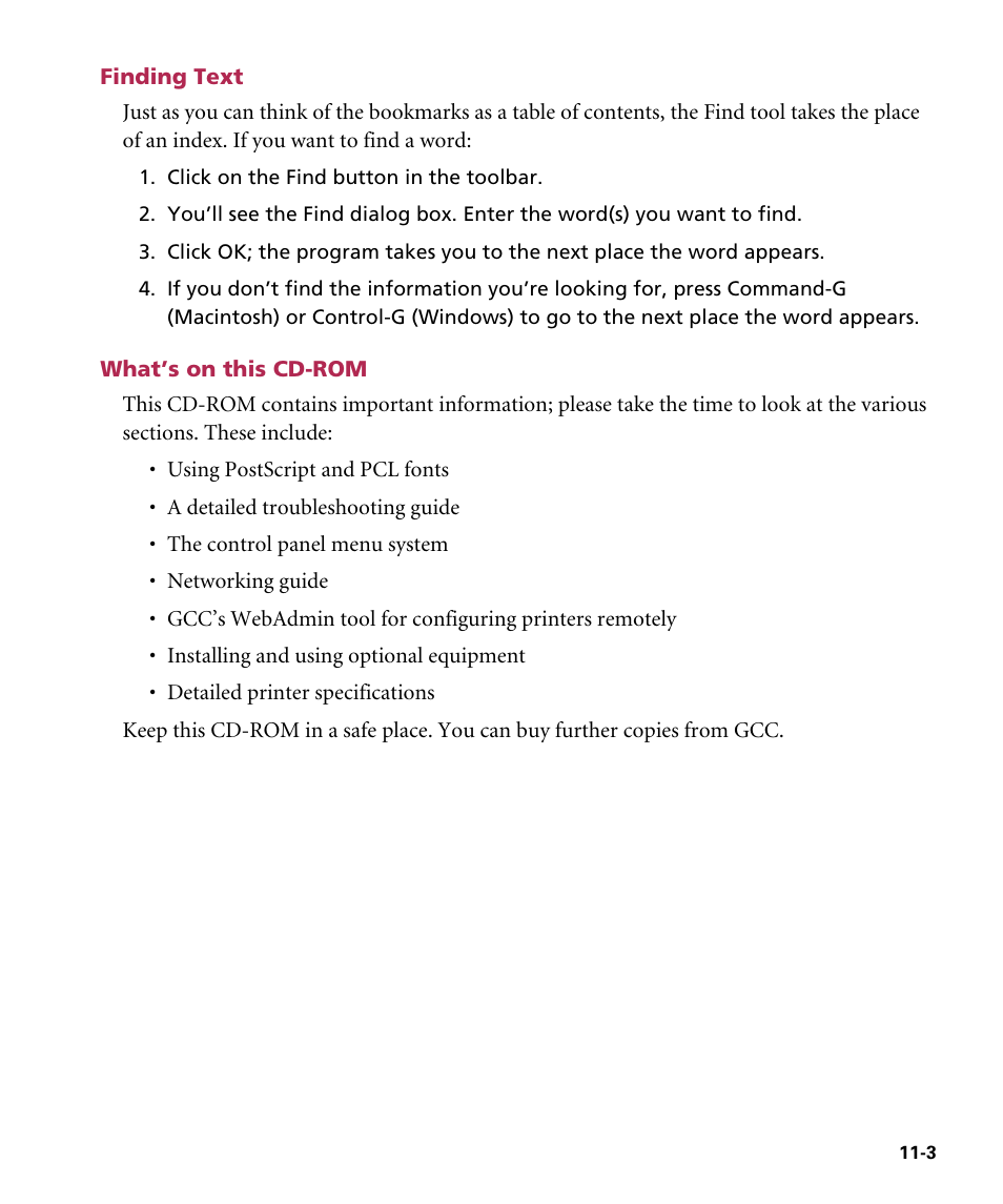 Finding text, What's on this cd-rom, What’s on this cd-rom | GCC Printers Elite 12ppm User Manual | Page 130 / 193