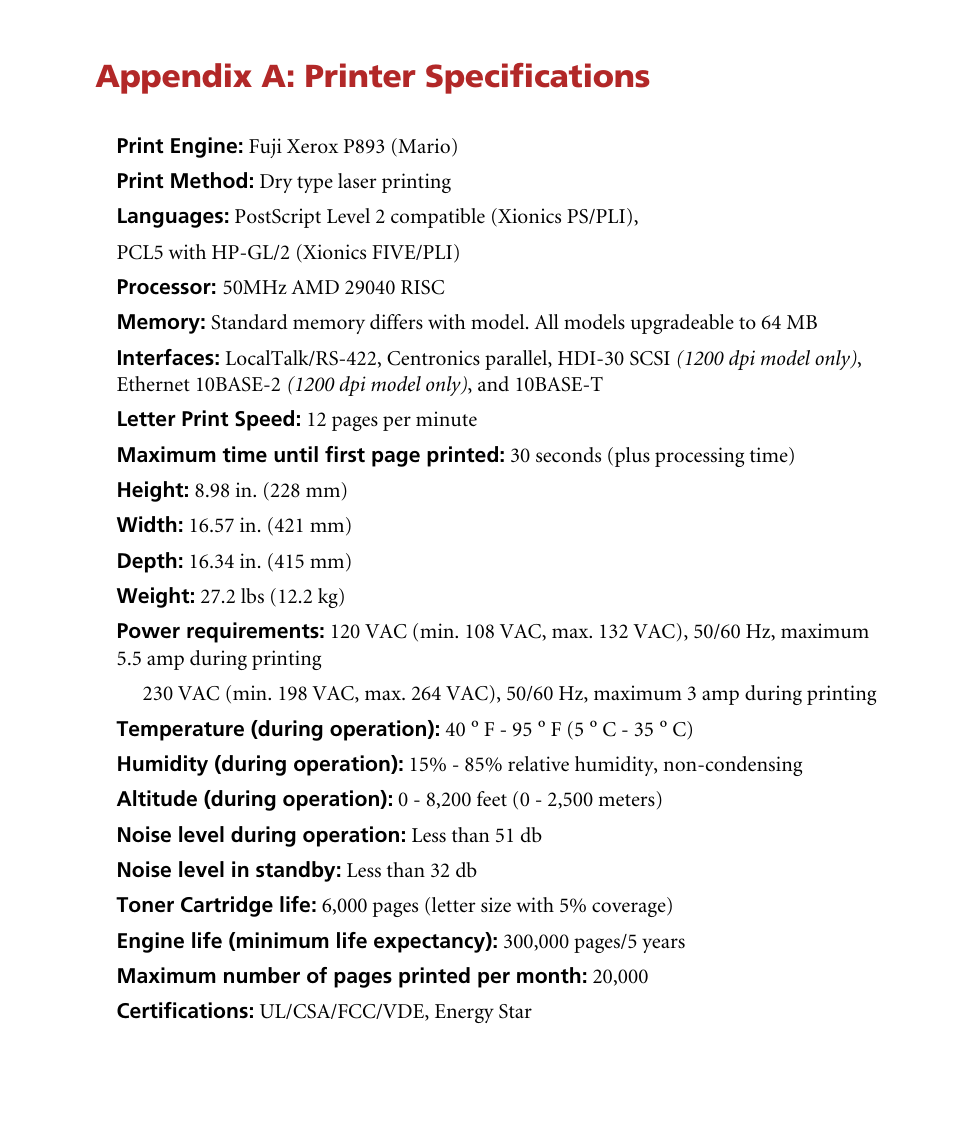 Appendices, Appendix a: printer specifications, Printer specifications | GCC Printers Elite 12ppm User Manual | Page 131 / 193