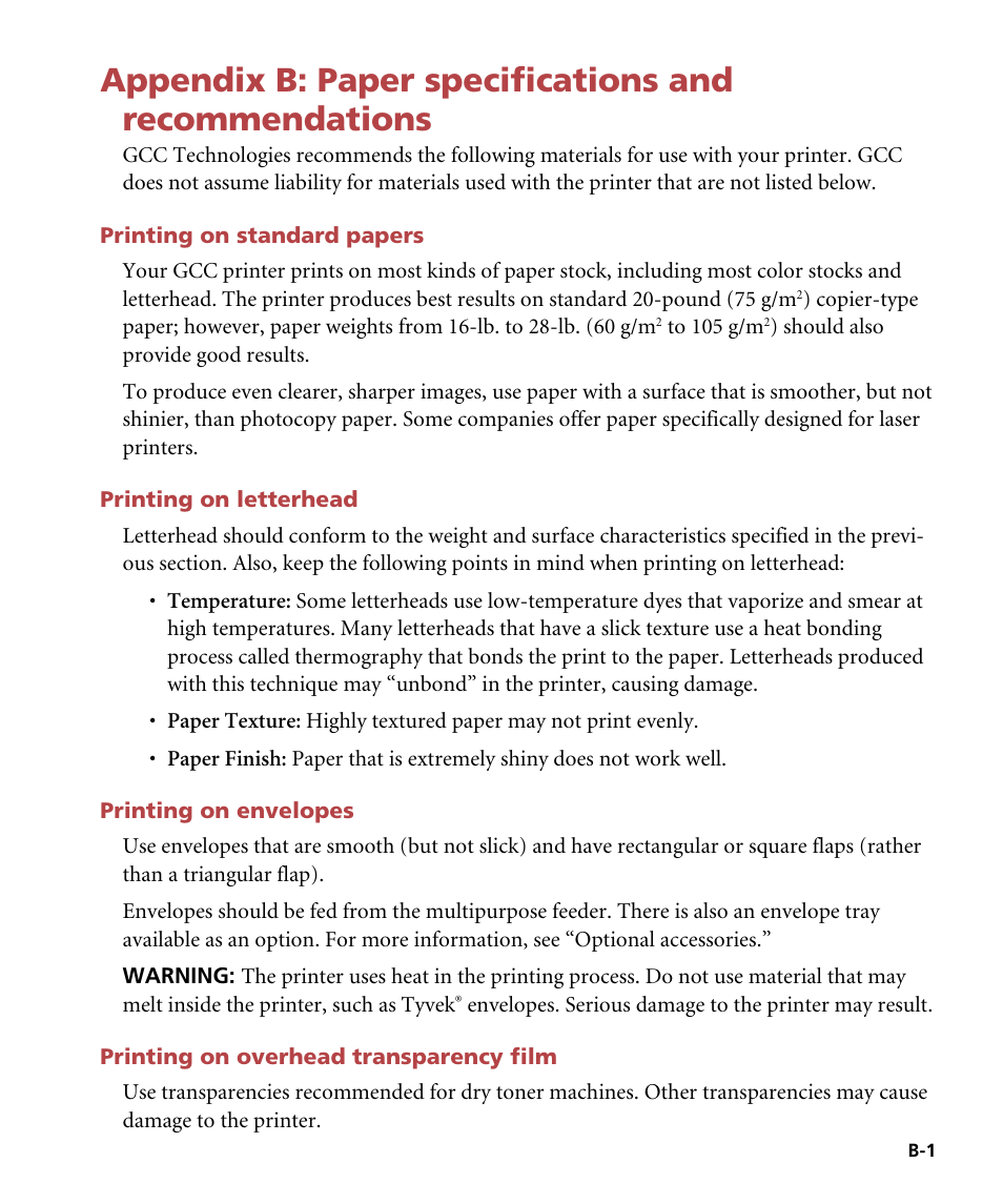 Printing on standard papers, Printing on letterhead, Printing on envelopes | Printing on overhead transparency film, Paper specifications and recommendations | GCC Printers Elite 12ppm User Manual | Page 139 / 193