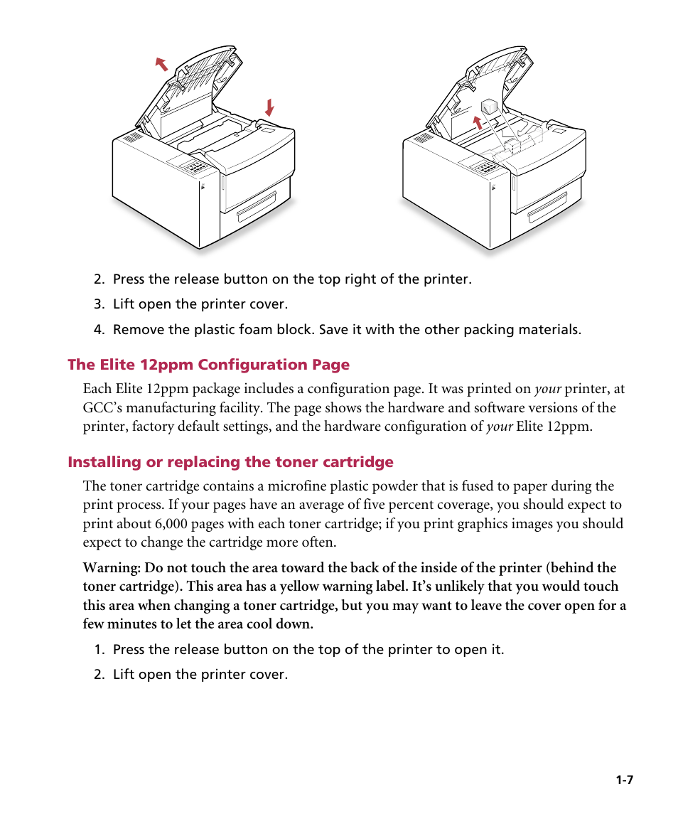 Installing or replacing the toner cartridge | GCC Printers Elite 12ppm User Manual | Page 14 / 193