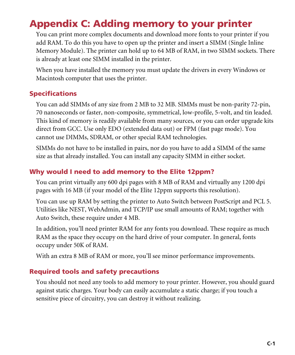 Appendix c: adding memory to your printer, Specifications, Why would i need to add memory to the elite 12ppm | Required tools and safety precautions, Adding memory to your printer | GCC Printers Elite 12ppm User Manual | Page 140 / 193