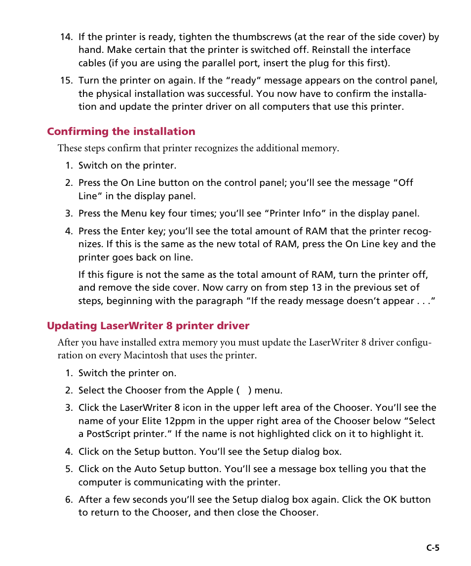 Confirming the installation, Updating laserwriter 8 printer driver | GCC Printers Elite 12ppm User Manual | Page 144 / 193