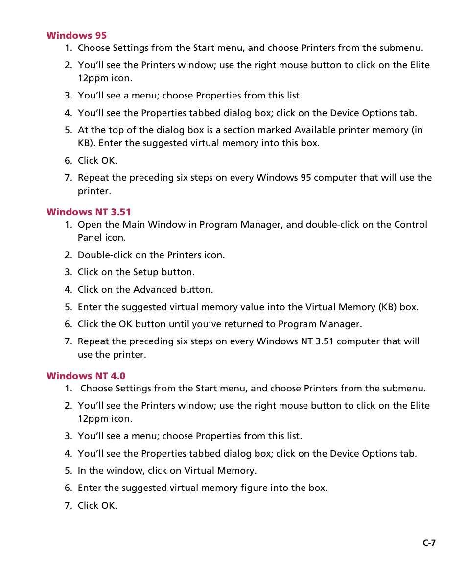 Windows 95, Windows nt 3.51, Windows nt 4.0 | GCC Printers Elite 12ppm User Manual | Page 146 / 193