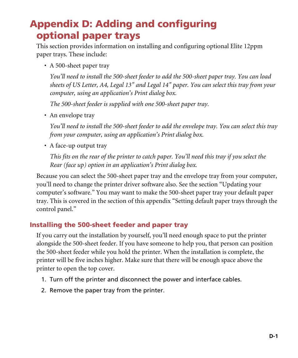 Installing the 500-sheet feeder and paper tray, Adding and configuring optional paper trays | GCC Printers Elite 12ppm User Manual | Page 148 / 193