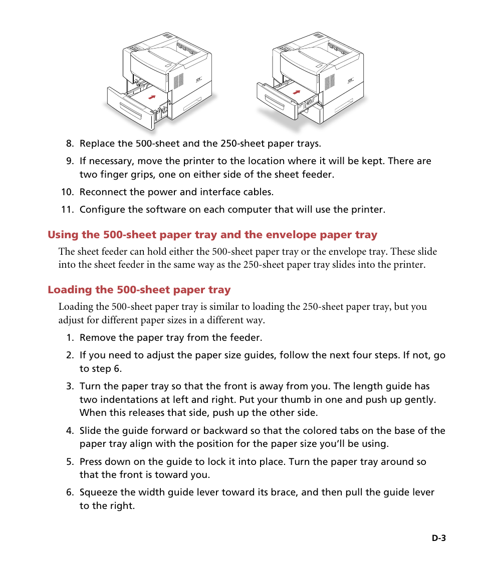 Loading the 500-sheet paper tray | GCC Printers Elite 12ppm User Manual | Page 150 / 193