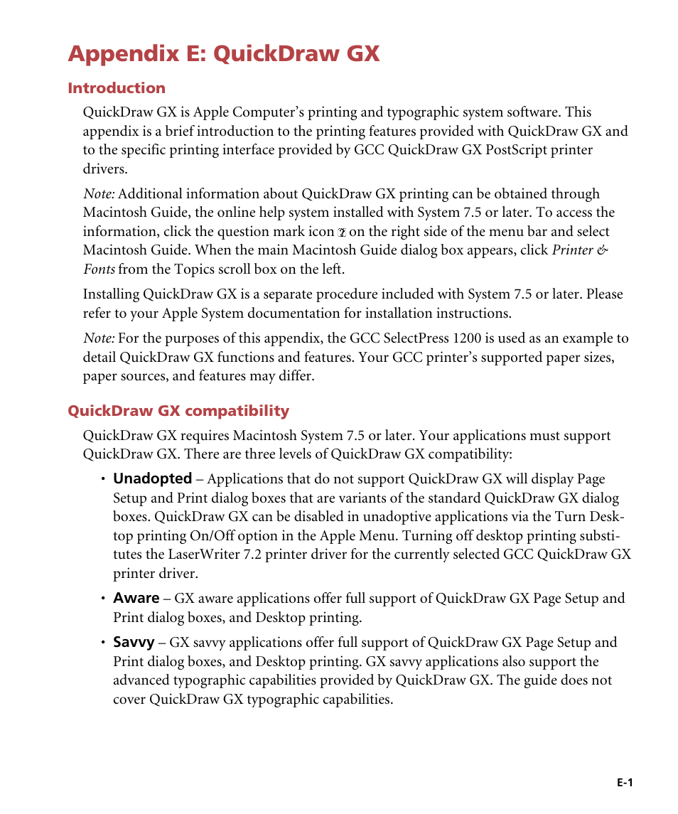 Appendix e: quickdraw gx, Introduction, Quickdraw gx compatibility | Quickdraw gx | GCC Printers Elite 12ppm User Manual | Page 156 / 193