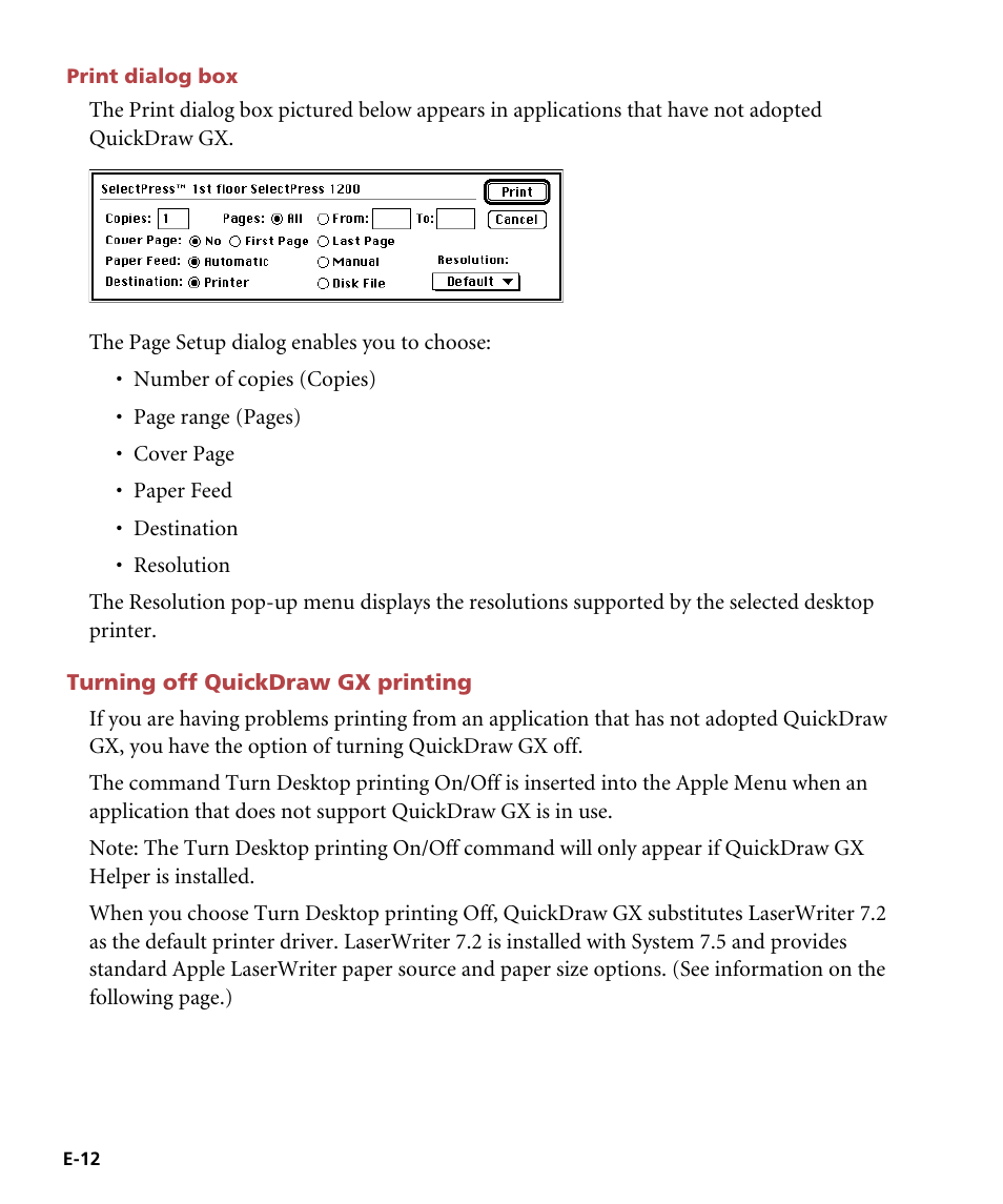 Print dialog box, Turning off quickdraw gx printing | GCC Printers Elite 12ppm User Manual | Page 167 / 193