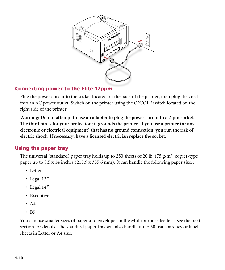 Connecting power to the elite 12ppm, Using the paper tray | GCC Printers Elite 12ppm User Manual | Page 17 / 193