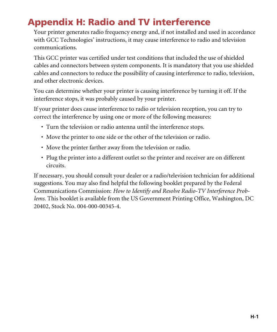 Appendix h: radio and television interference, Radio and television interference, Appendix h: radio and tv interference | GCC Printers Elite 12ppm User Manual | Page 176 / 193