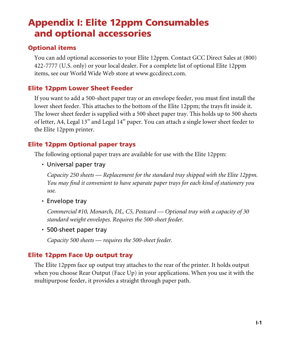 Optional items, Elite 12ppm lower sheet feeder, Elite 12ppm optional paper trays | Elite 12ppm face up output tray, Elite 12ppm consumables and optional accessories | GCC Printers Elite 12ppm User Manual | Page 177 / 193