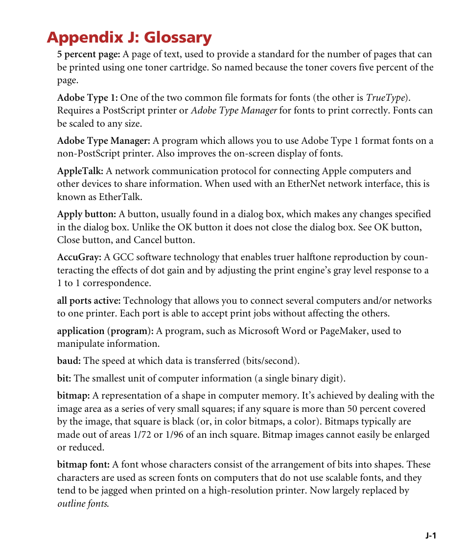 Appendix j: glossary, Glossary | GCC Printers Elite 12ppm User Manual | Page 179 / 193