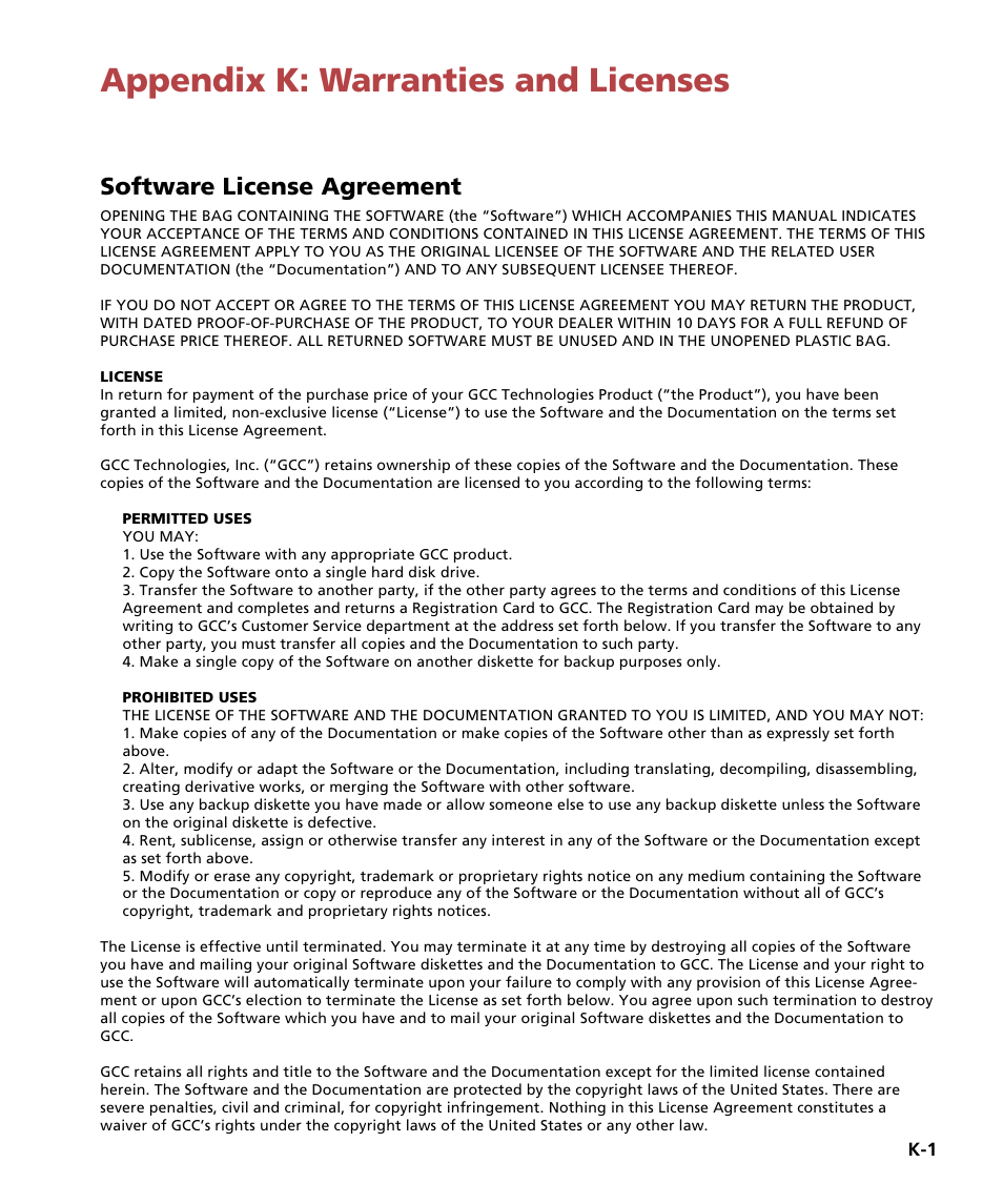 Appendix k: warranties and licenses, Warranties and licenses, Software license agreement | GCC Printers Elite 12ppm User Manual | Page 187 / 193