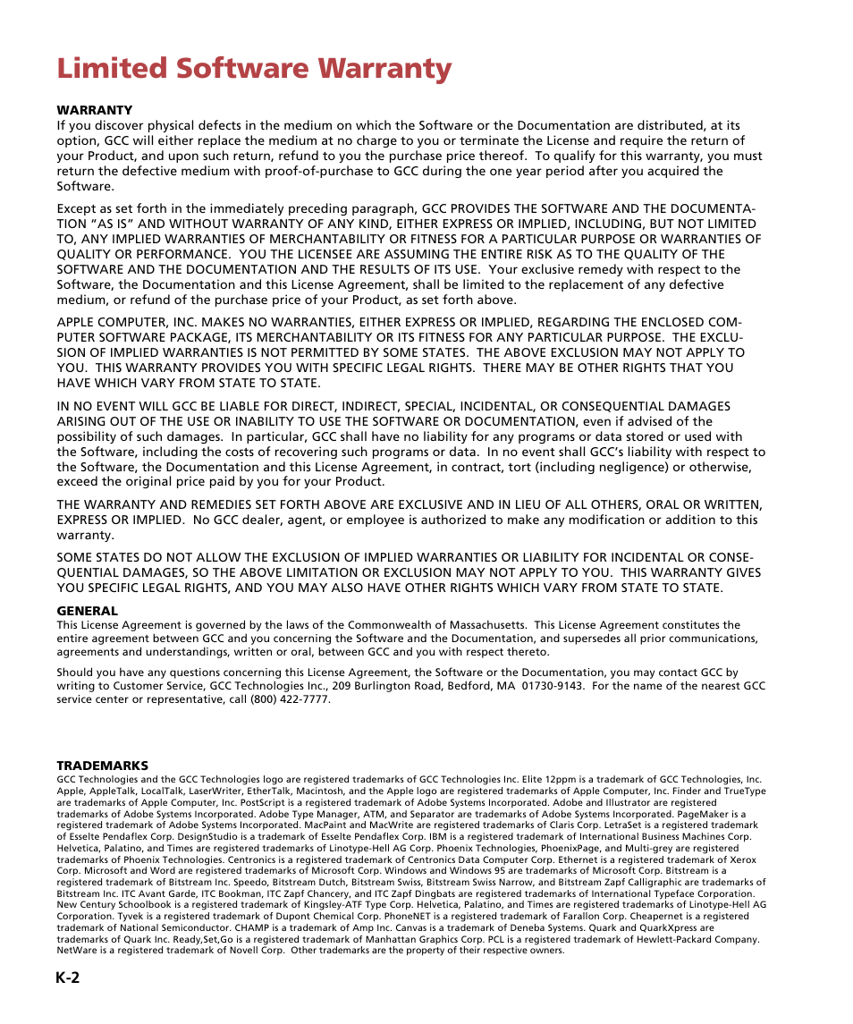 Limited software warranty | GCC Printers Elite 12ppm User Manual | Page 188 / 193