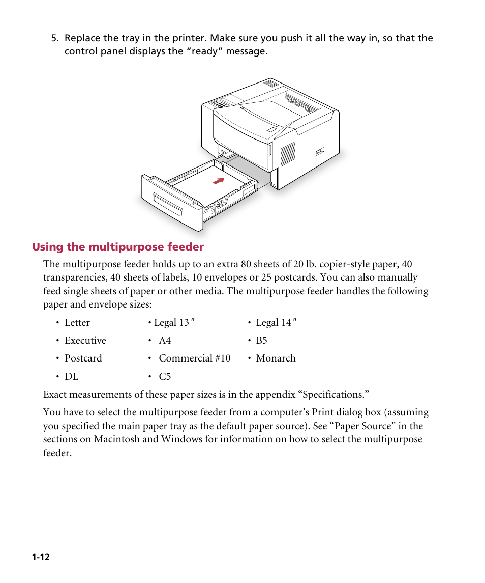 Using the multipurpose feeder | GCC Printers Elite 12ppm User Manual | Page 19 / 193