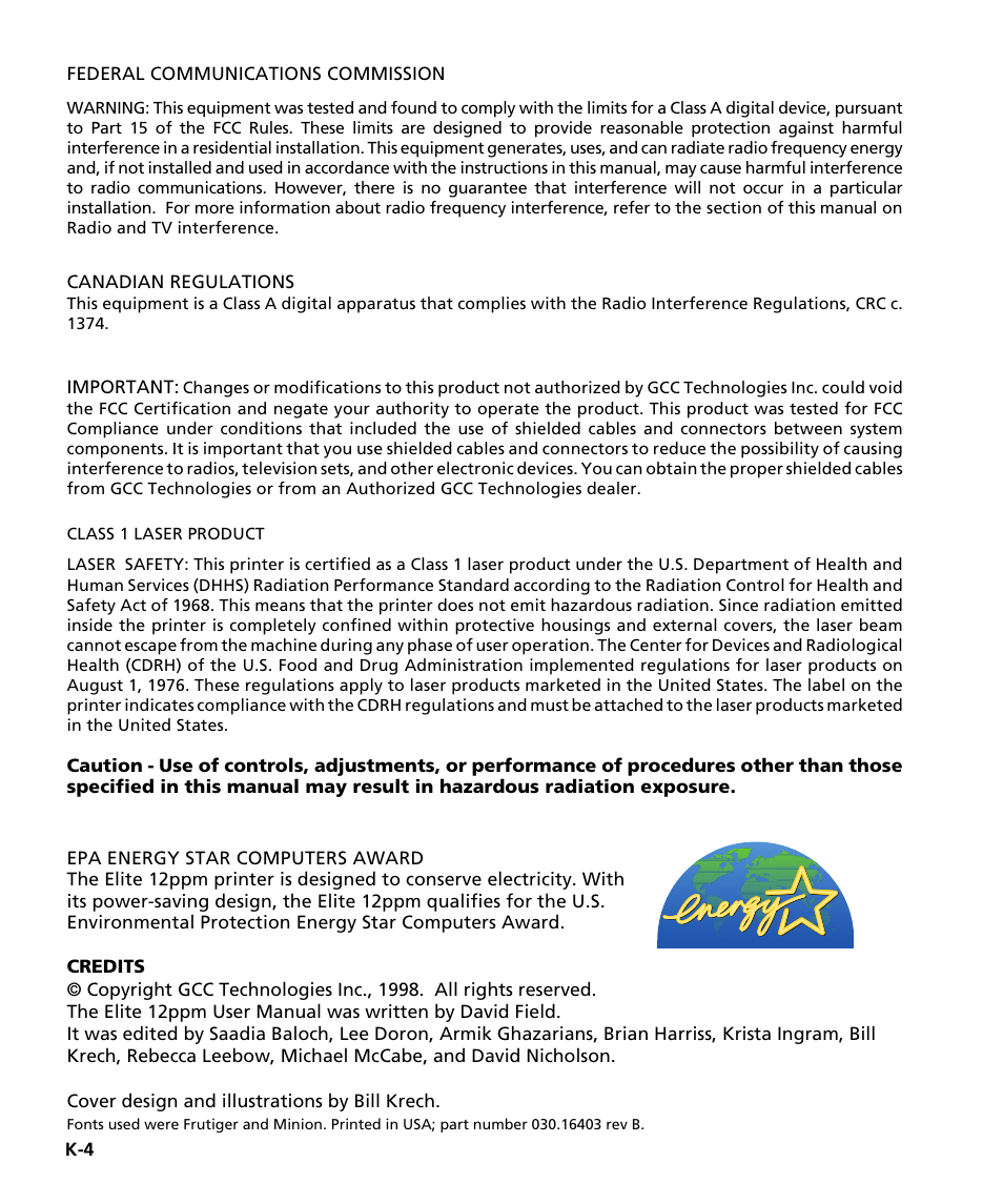 Energy star | GCC Printers Elite 12ppm User Manual | Page 190 / 193