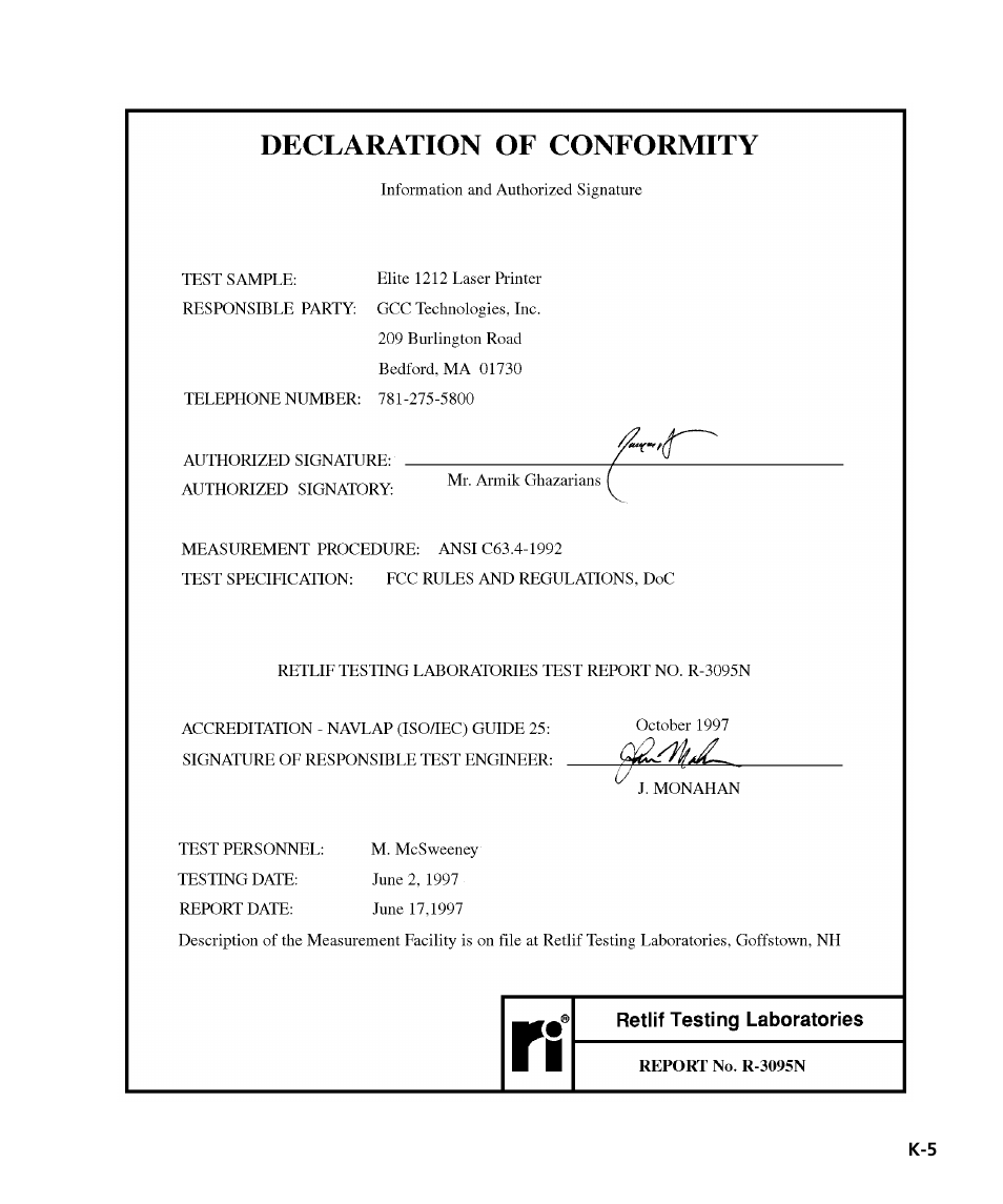 Declaration of conformity | GCC Printers Elite 12ppm User Manual | Page 191 / 193