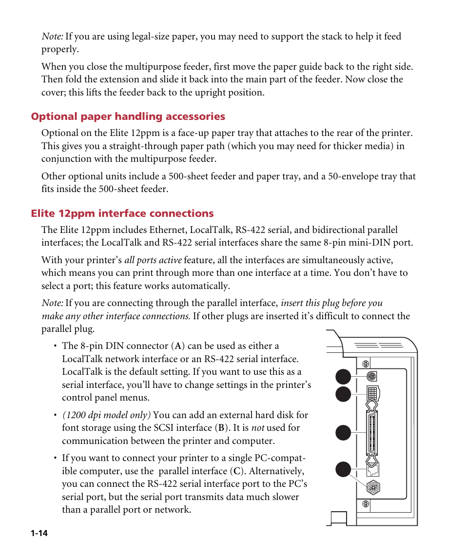 Optional paper handling accessories, Elite 12ppm interface connections | GCC Printers Elite 12ppm User Manual | Page 21 / 193