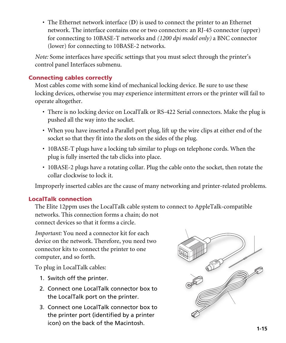 Connecting cables correctly, Localtalk connection | GCC Printers Elite 12ppm User Manual | Page 22 / 193