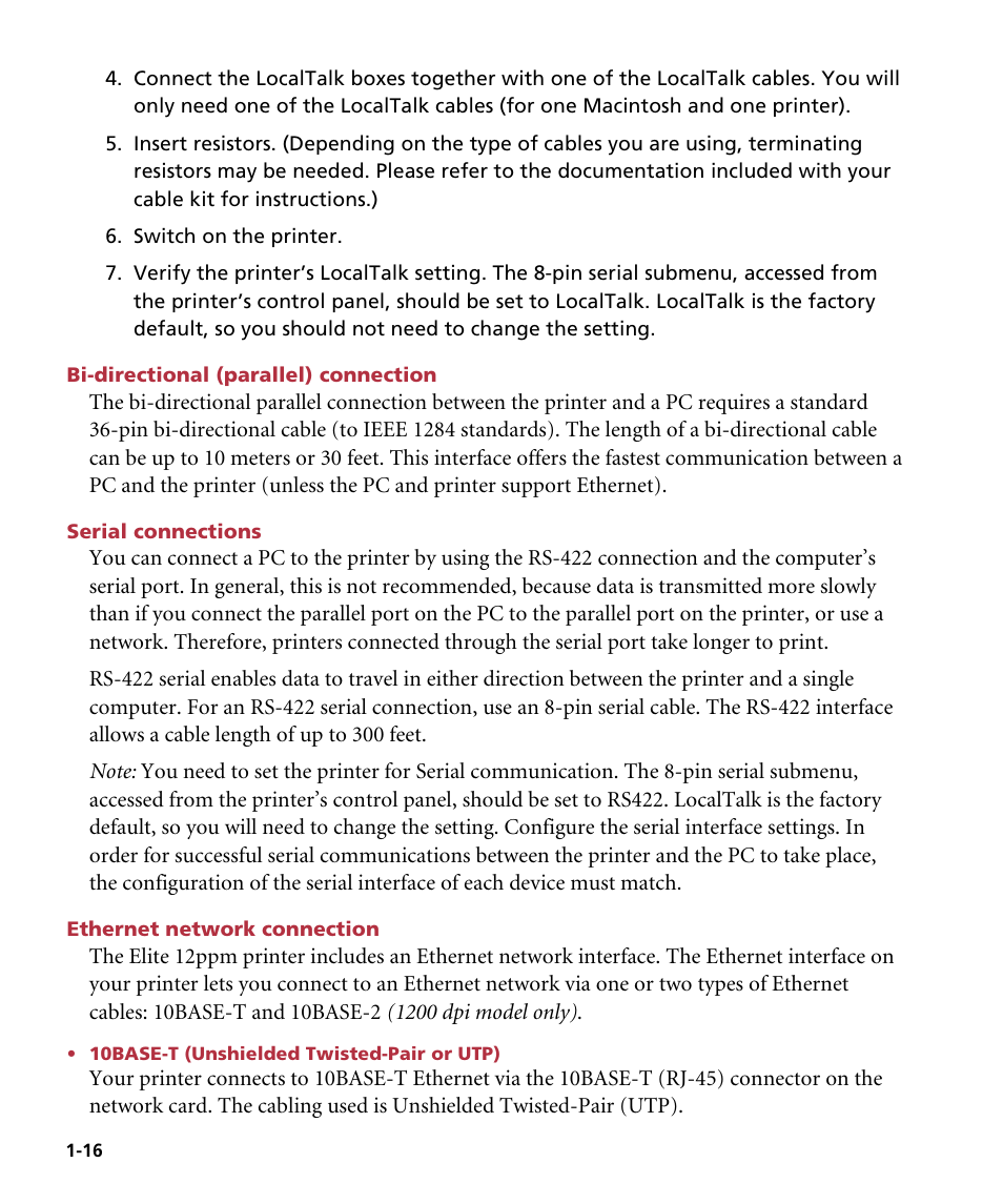 Bi-directional (parallel) connection, Serial connections, Ethernet network connection | 10base-t (unshielded twisted-pair or utp) | GCC Printers Elite 12ppm User Manual | Page 23 / 193