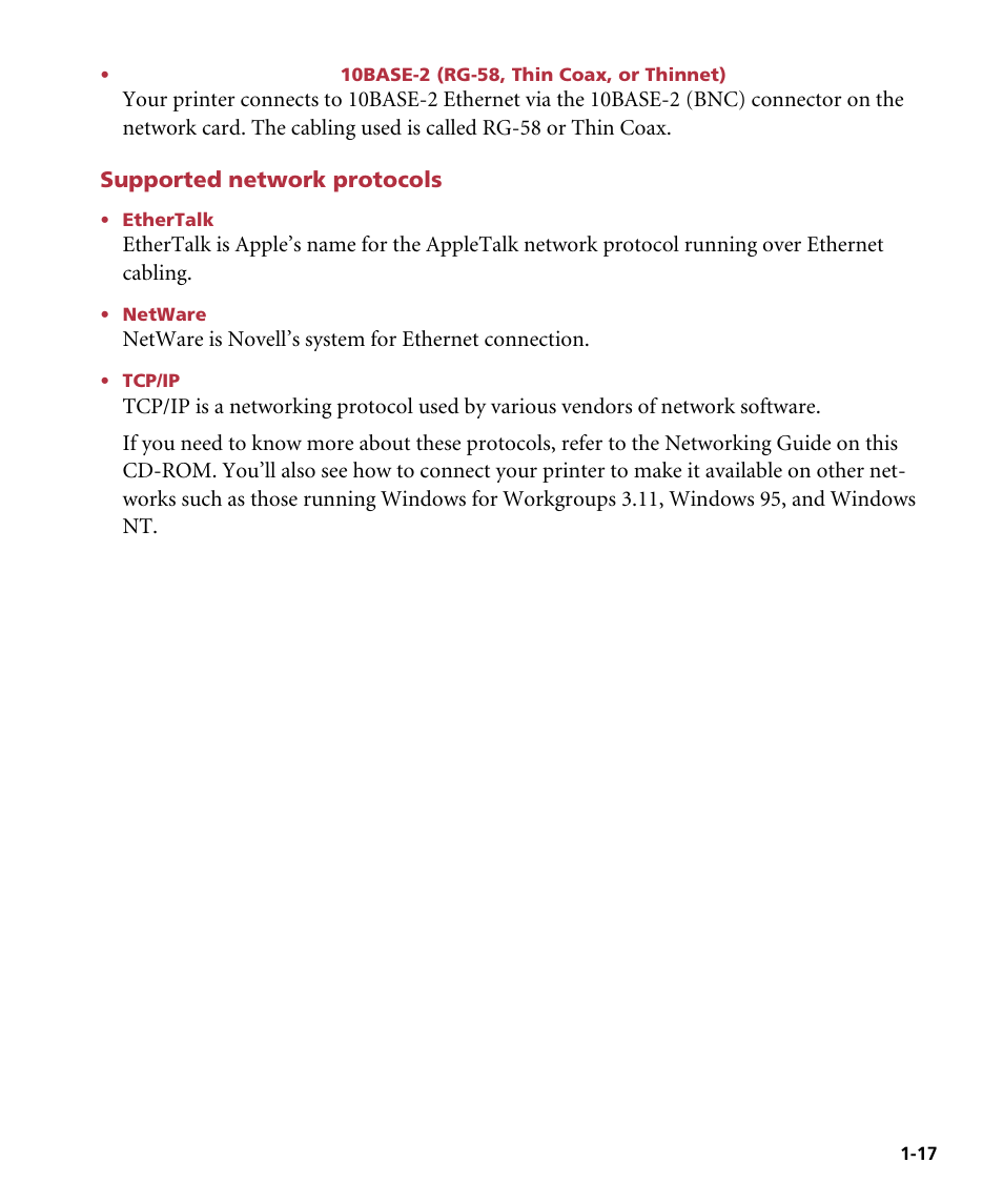 10base-2 (rg-58, thin coax, or thinnet), Supported network protocols, Ethertalk | Netware, Tcp/ip | GCC Printers Elite 12ppm User Manual | Page 24 / 193