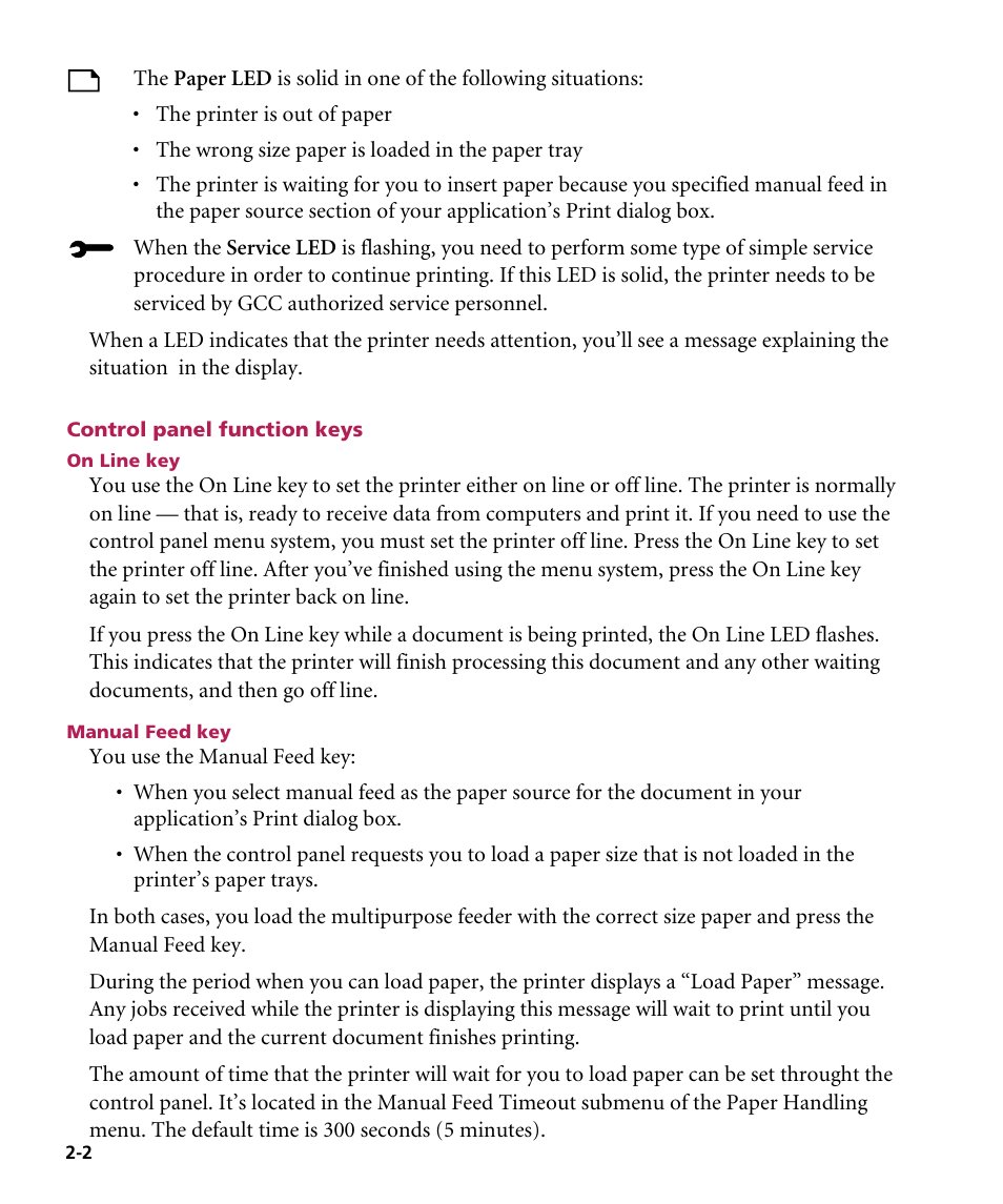 Control panel function keys, On line key, Manual feed key | GCC Printers Elite 12ppm User Manual | Page 26 / 193