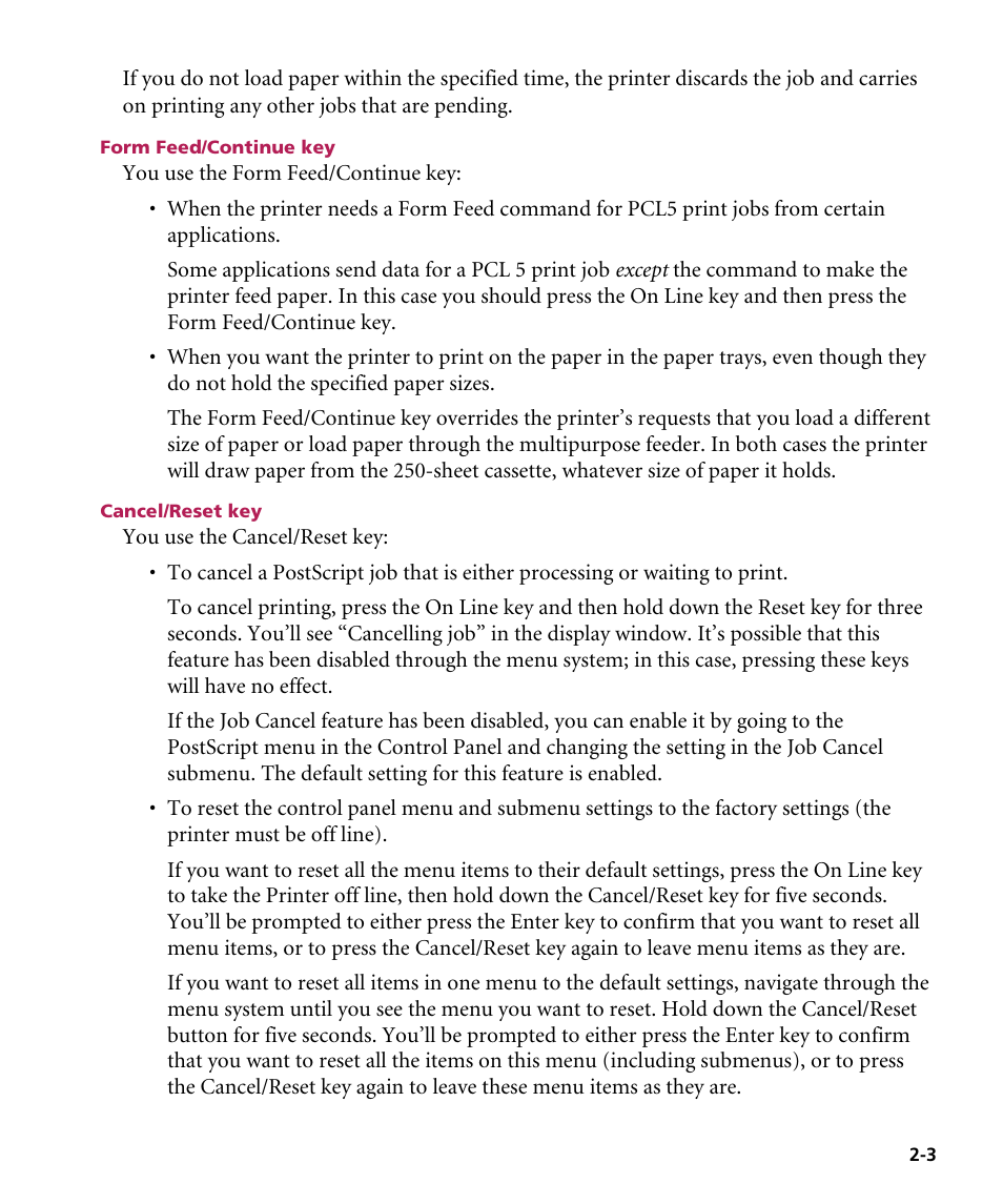 Form feed/continue key, Cancel/reset key | GCC Printers Elite 12ppm User Manual | Page 27 / 193