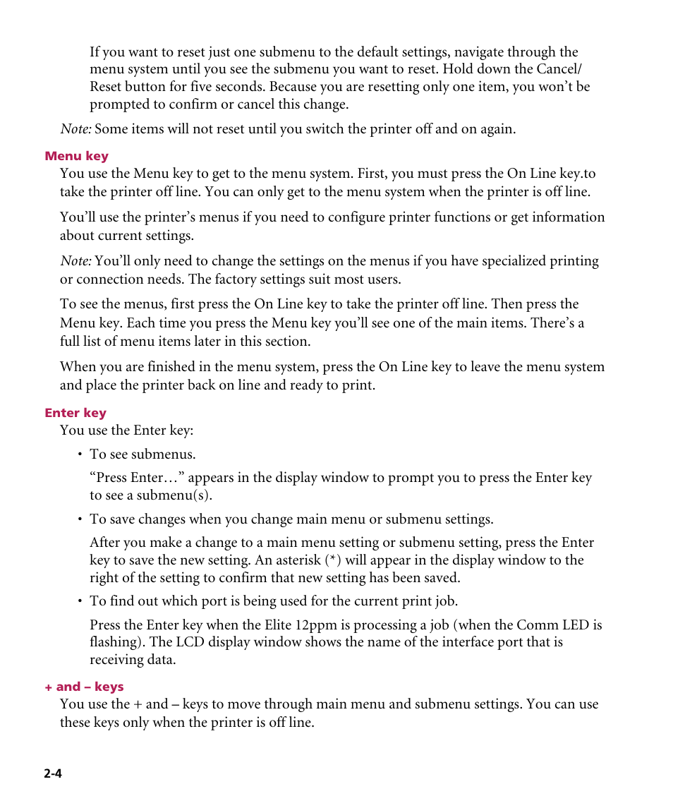 Menu key, Enter key, And - keys | GCC Printers Elite 12ppm User Manual | Page 28 / 193