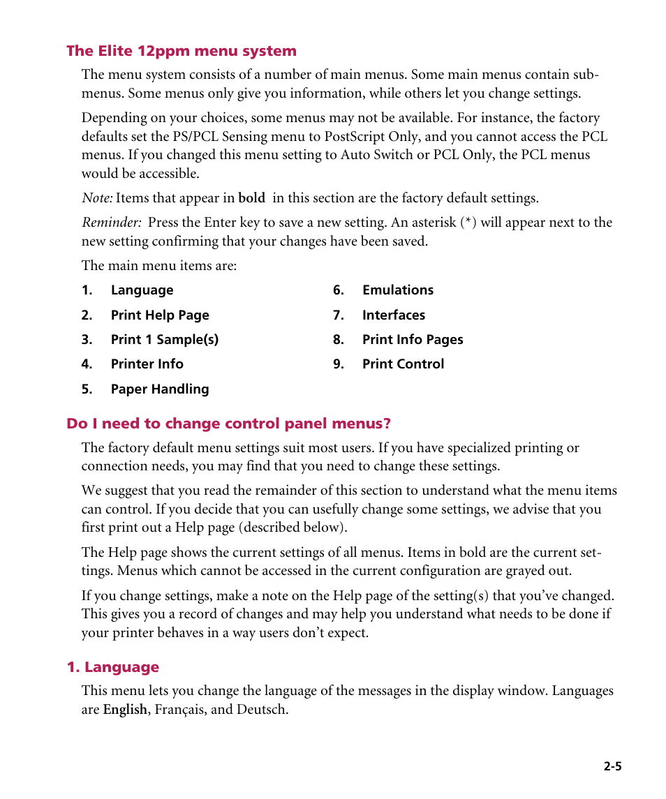 The elite 12ppm menu system, Do i need to change control panel menus, Language | GCC Printers Elite 12ppm User Manual | Page 29 / 193