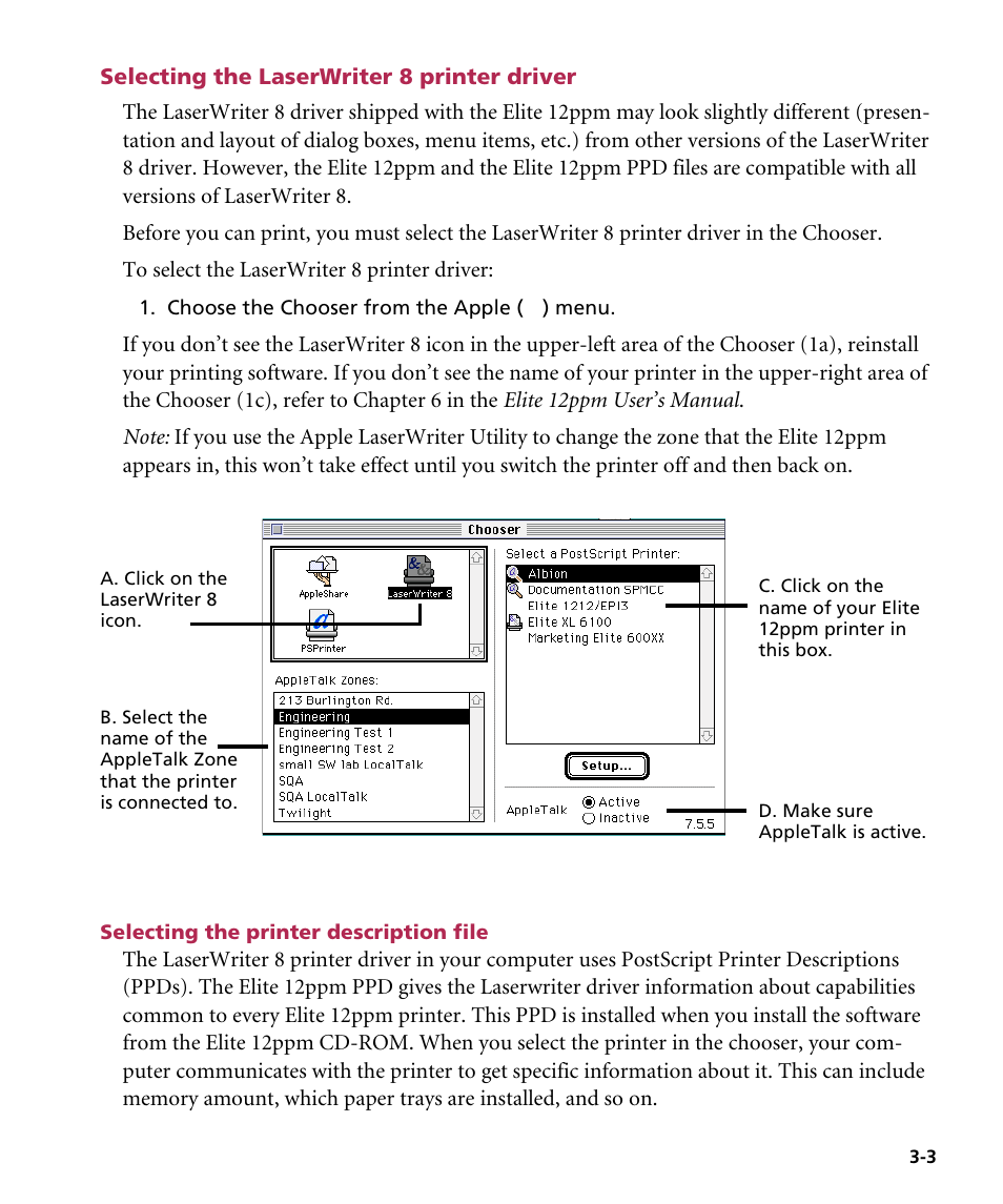 Selecting the laserwriter 8 printer driver, Selecting the printer description file | GCC Printers Elite 12ppm User Manual | Page 39 / 193