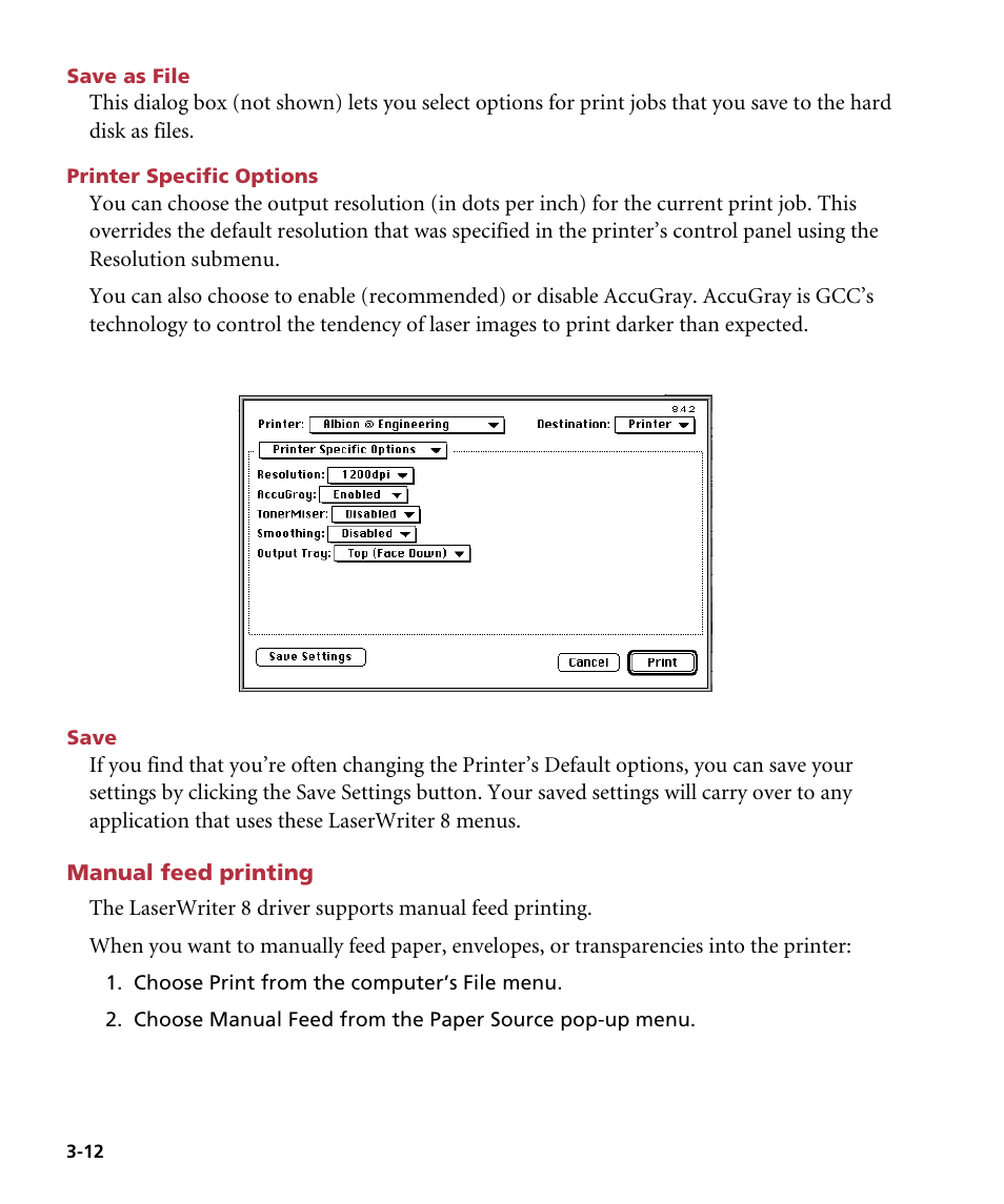 Save as file, Printer specific options, Save | Manual feed printing | GCC Printers Elite 12ppm User Manual | Page 48 / 193