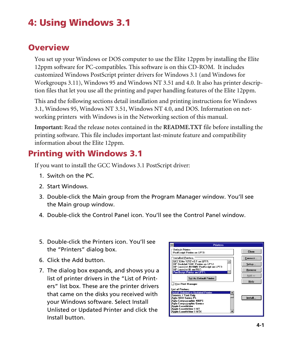 Using windows 3.1, Overview, Printing with windows 3.1 | GCC Printers Elite 12ppm User Manual | Page 51 / 193