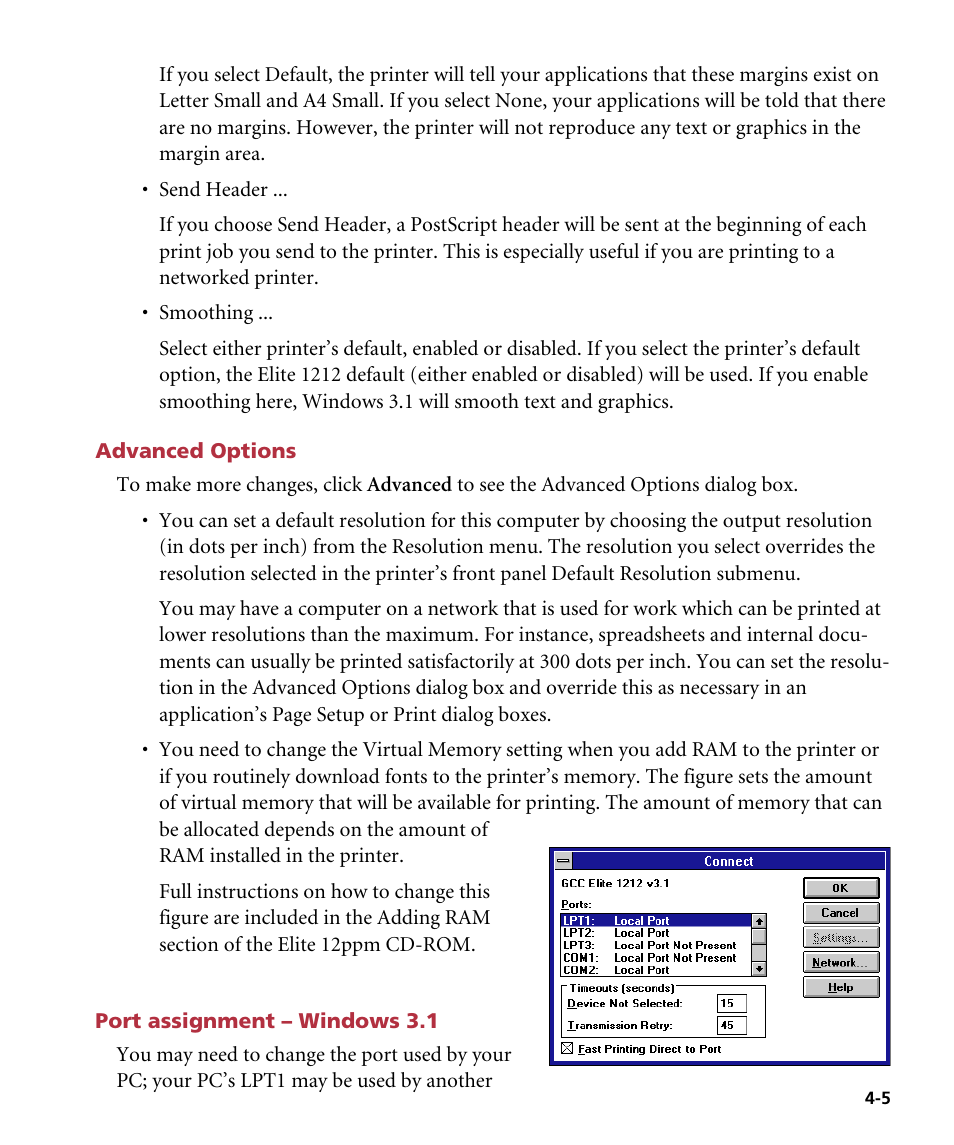 Advanced options, Port assignment - windows 3.1, Port assignment- windows 3.1 | GCC Printers Elite 12ppm User Manual | Page 55 / 193