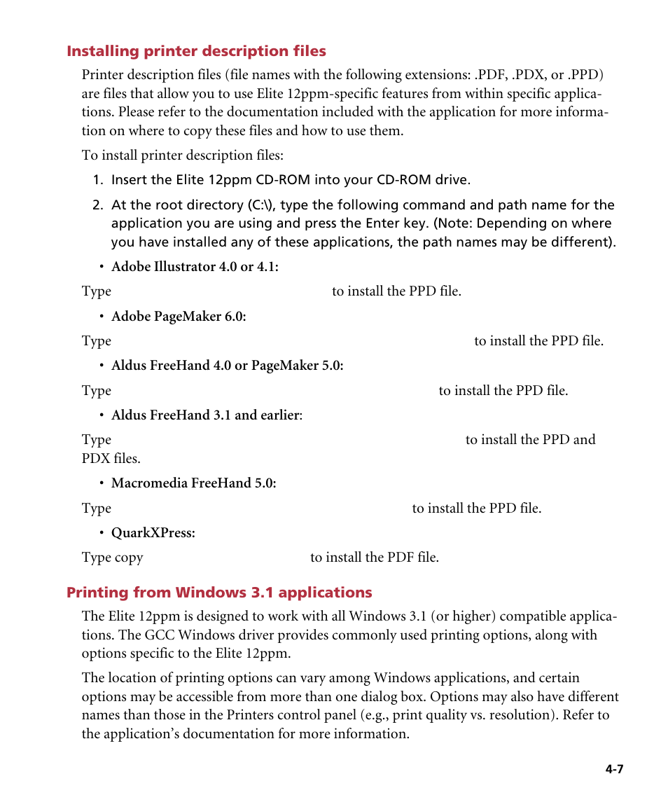 Installing printer description files, Printing from windows 3.1 applications | GCC Printers Elite 12ppm User Manual | Page 57 / 193