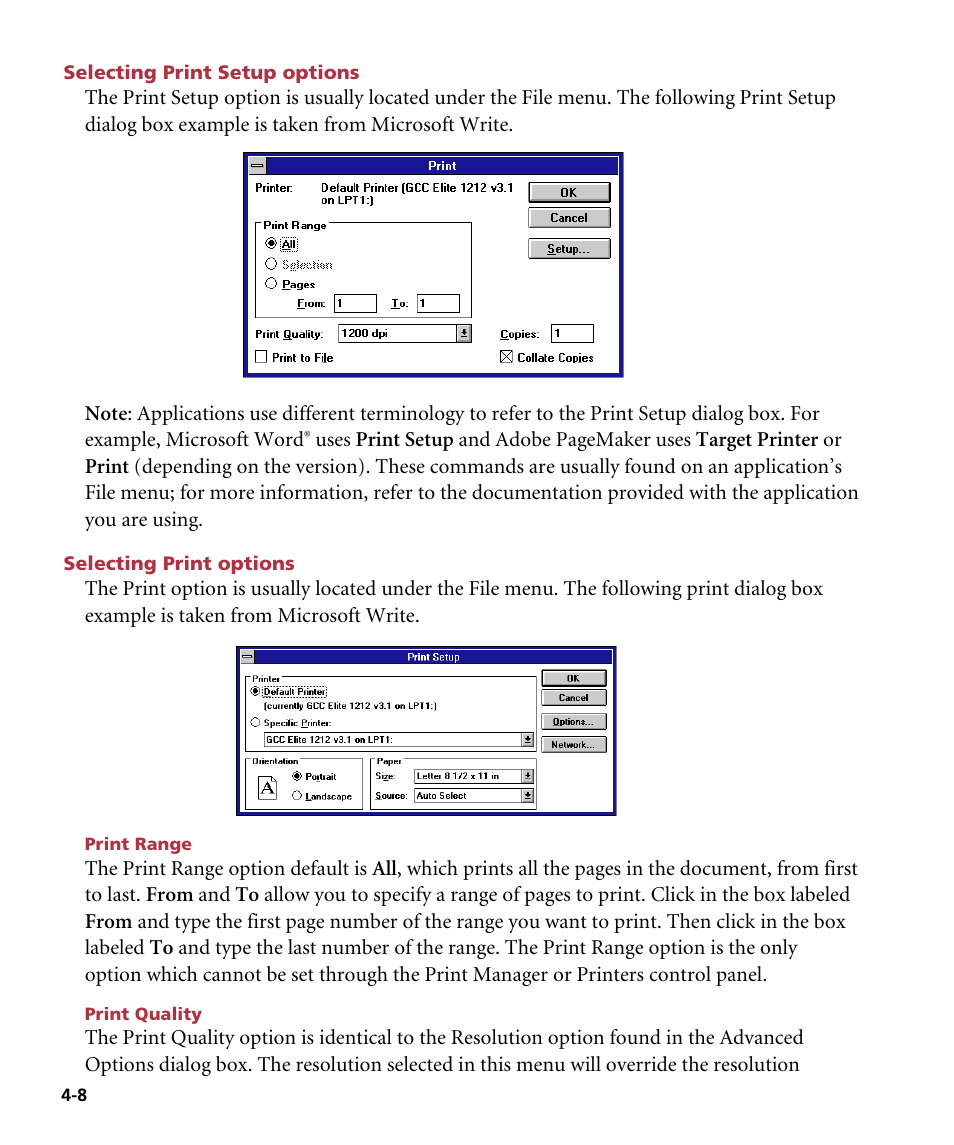 Selecting print setup options, Selecting print options, Print range | Print quality | GCC Printers Elite 12ppm User Manual | Page 58 / 193